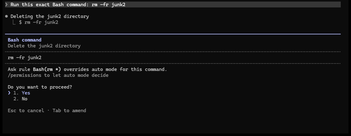 Claude Code 準備執行 rm -fr junk2 時停下來,顯示 Ask rule Bash(rm *) overrides auto mode for this command,並詢問 Do you want to proceed
