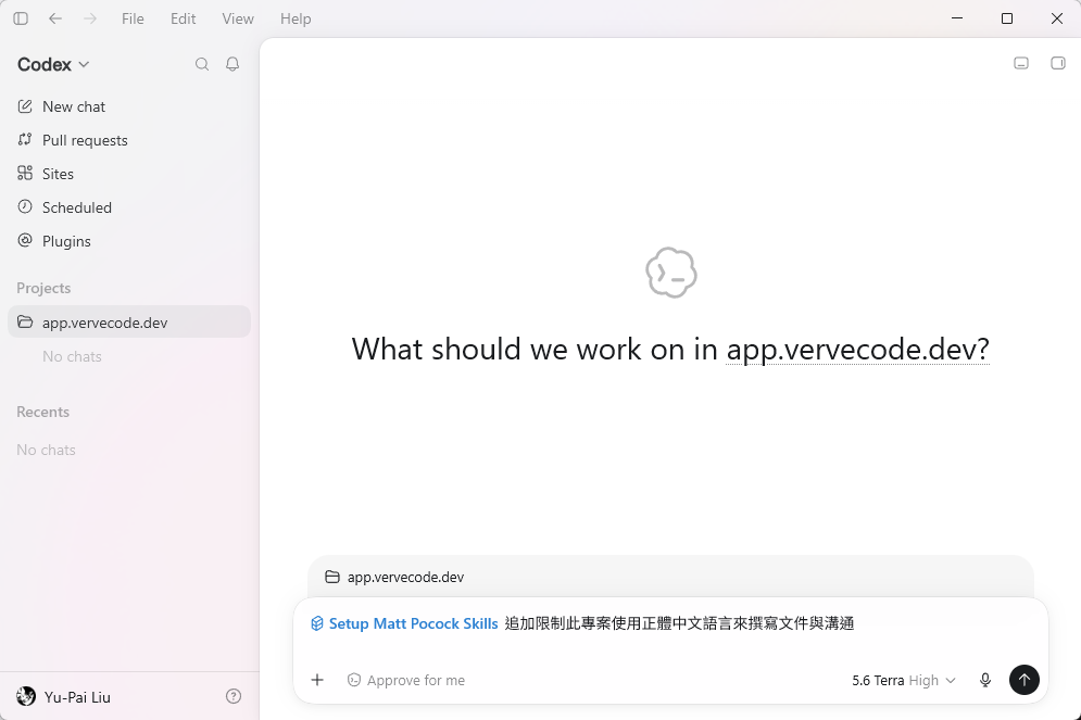 Codex App 的 Setup Matt Pocock Skills 指令提示畫面