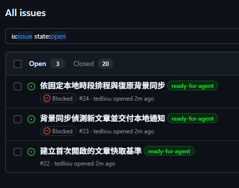 GitHub Issues 顯示三張標記 ready-for-agent 的實作工單