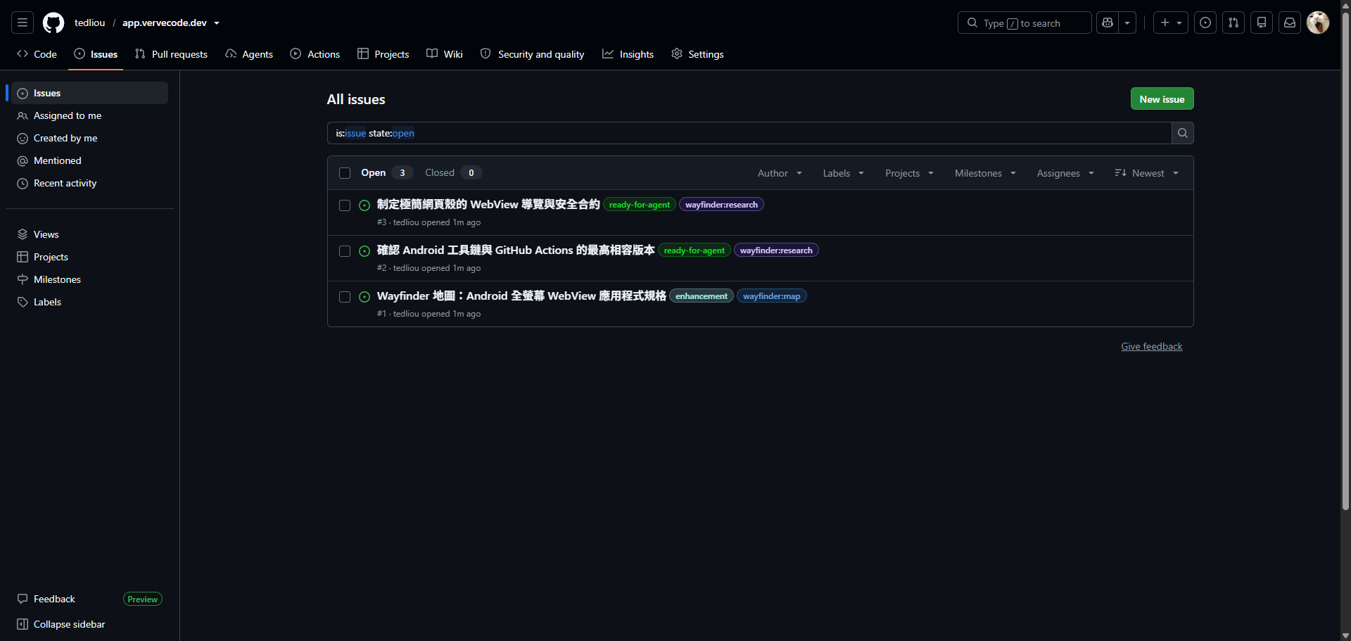 GitHub Issues 顯示 Wayfinder 建立的研究與詢問工單