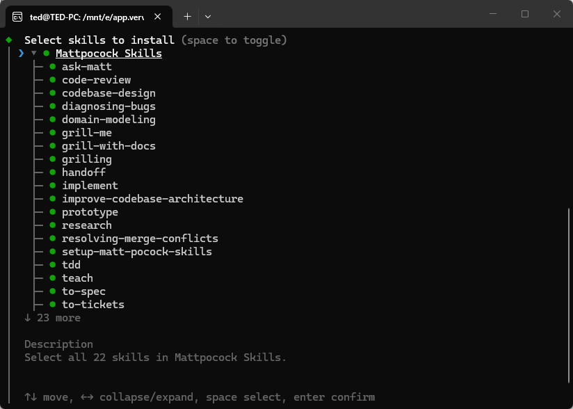 Codex 終端機顯示 Matt Pocock Skills 的安裝選單與可選 Skills 清單