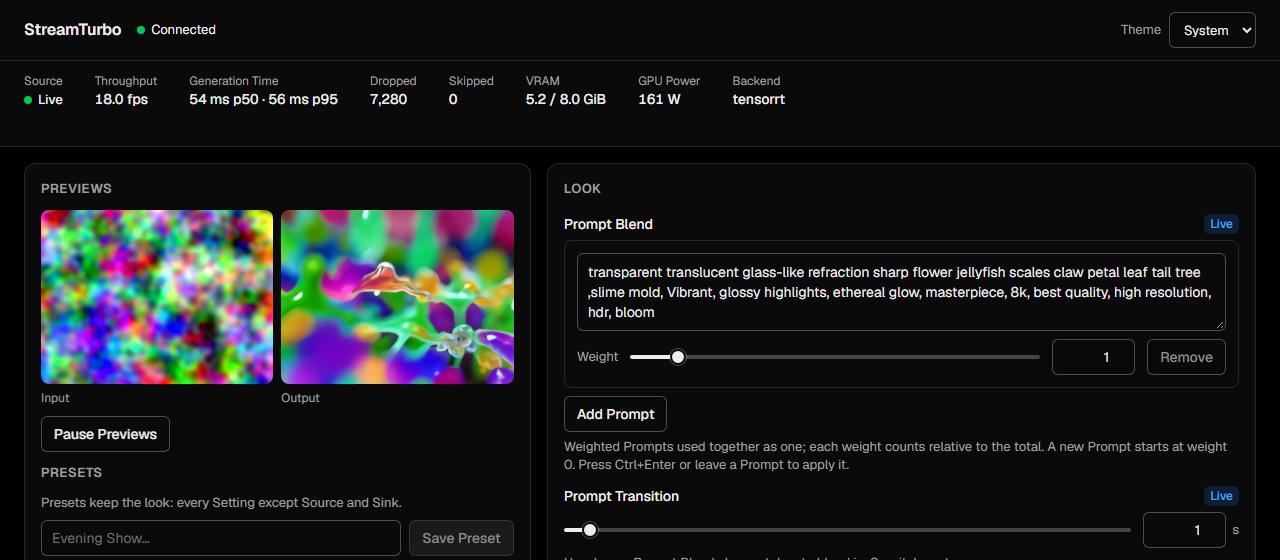 StreamTurbo Web Panel 上方,狀態列顯示 Source Live、18.0 fps、生成時間 54 ms、VRAM 5.2/8.0 GiB 與 tensorrt,左邊是輸入與輸出預覽,右邊是 Prompt Blend 提示詞欄位