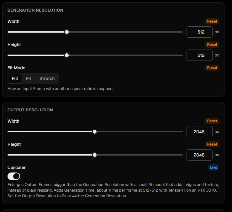Web Panel 的 Generation Resolution 設為 512×512,Fit Mode 為 Fill,Output Resolution 設為 2048×2048,Upscaler 開啟