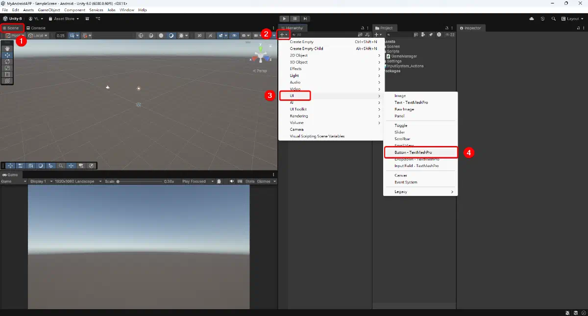Unity Hierarchy 選單中建立 UI Button TextMeshPro 的位置