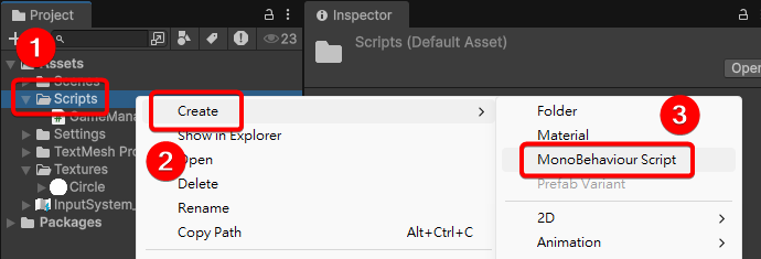 在 Scripts 資料夾中建立 MonoBehaviour Script