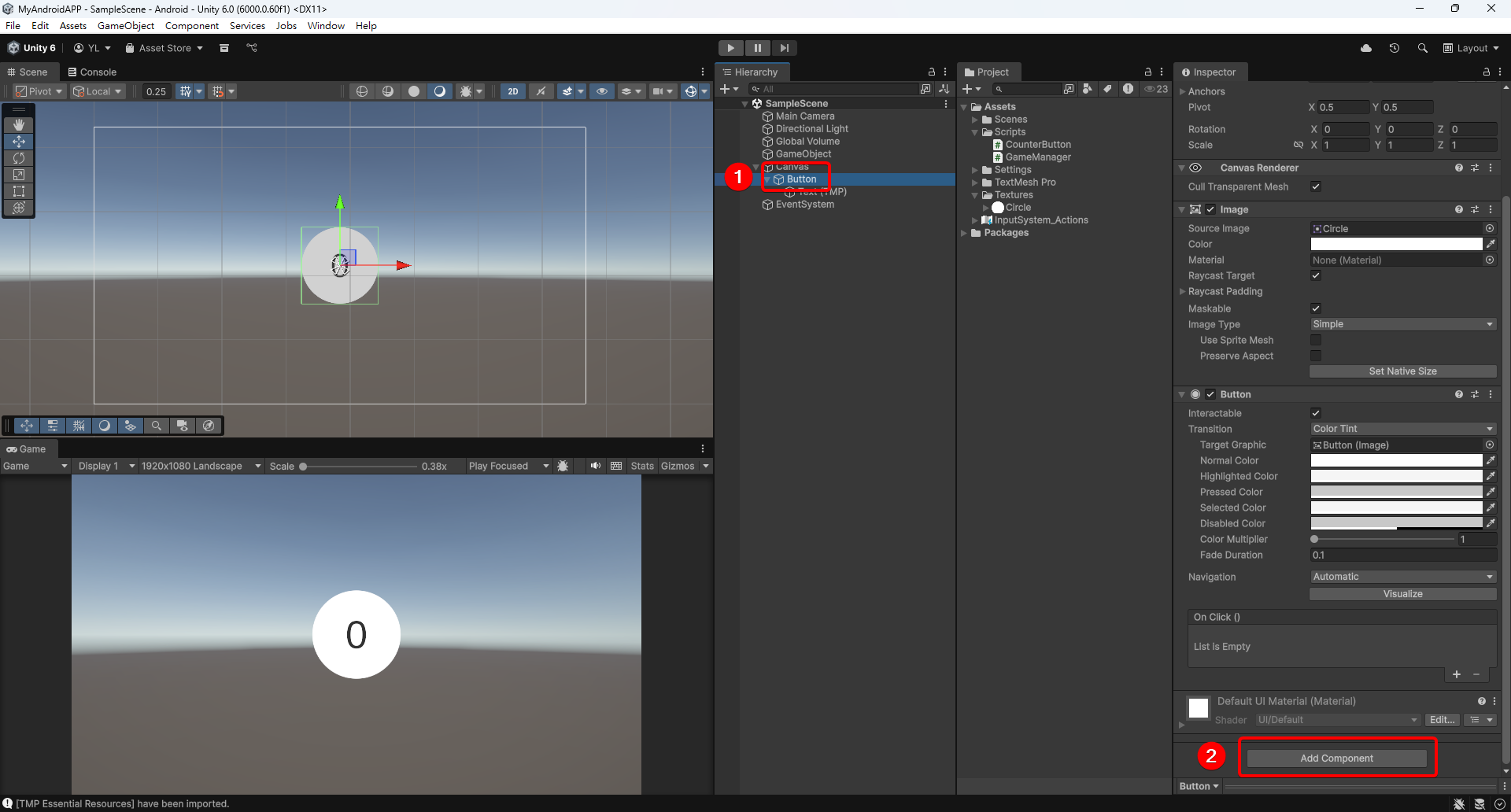 選取 Button 後準備用 Add Component 掛上腳本