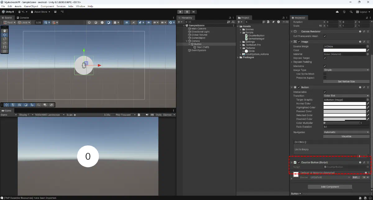 Button 物件上已成功掛上 CounterButton 腳本
