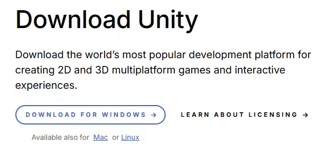 Unity 官網下載 Unity Hub 的畫面