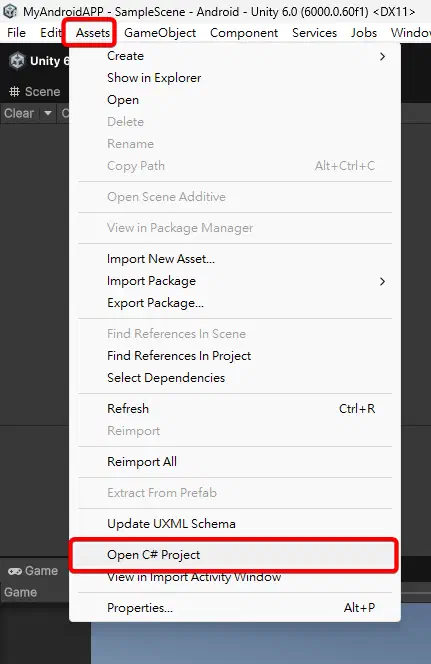 從 Unity 選單開啟 C# 專案