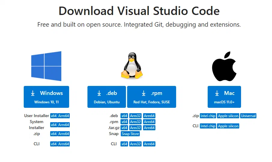 VS Code 官方下載頁畫面
