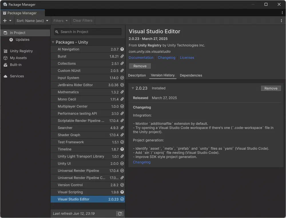 Unity的Package Manager介面，正在選取Visual Studio Editor套件
