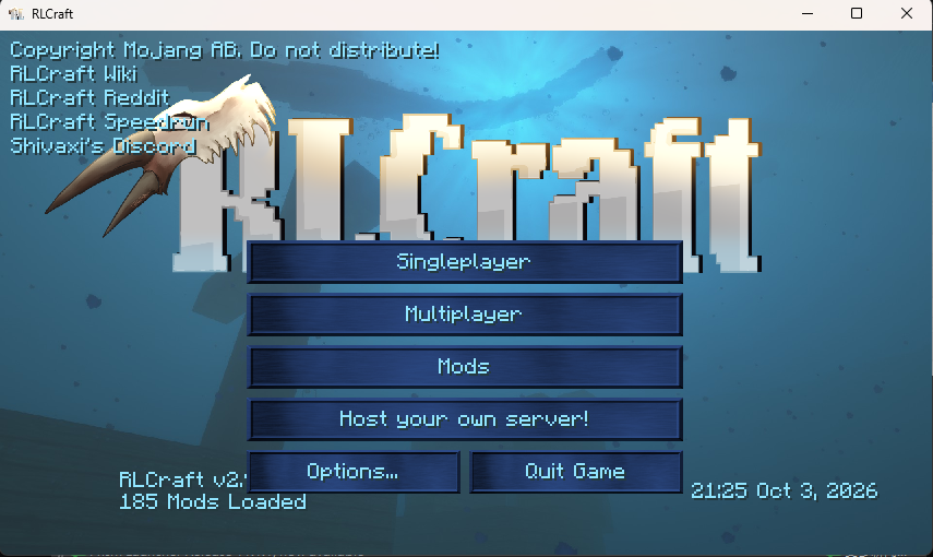 RLCraft 標題畫面，左下角顯示 185 Mods Loaded