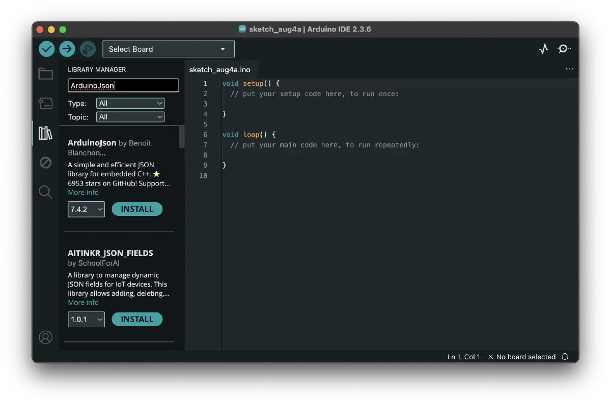 Arduino IDE 中透過 Library Manager 搜尋並安裝 ArduinoJson 套件的畫面