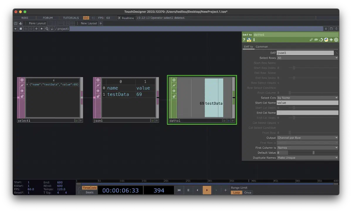 透過 DAT to CHOP 把 JSON 欄位轉成可用的 CHOP 頻道