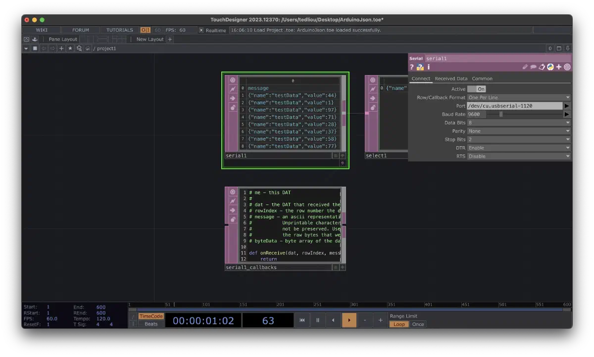 TouchDesigner 的 Serial DAT 設定為一行一筆資料的畫面