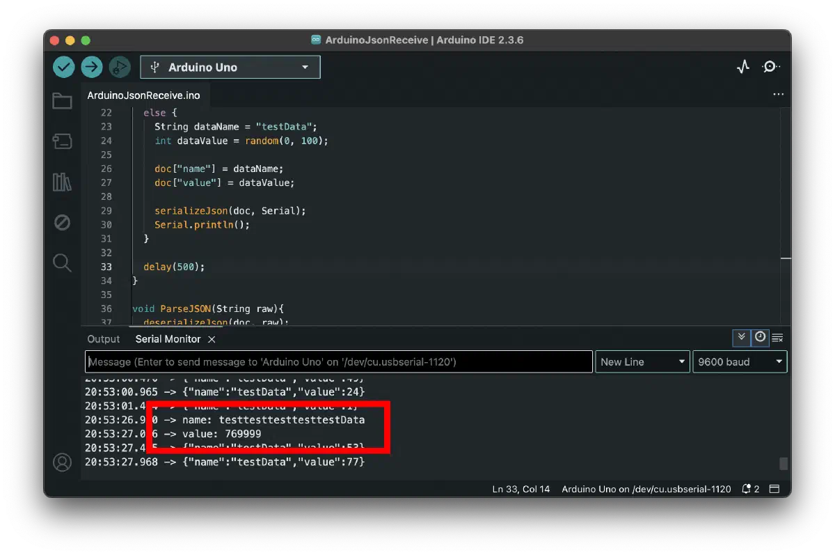 Arduino 串列埠同時接收與發送 JSON 資料的測試畫面
