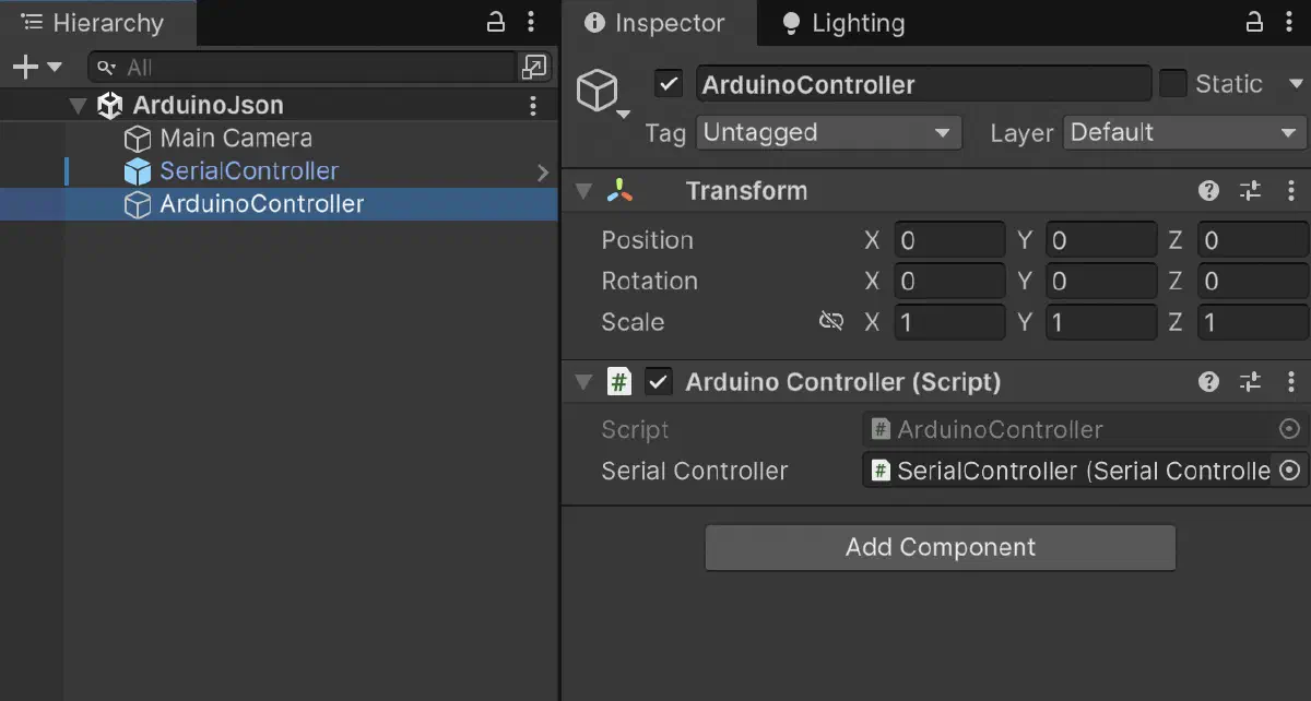 Unity Inspector 中把 SerialController 指定給 ArduinoController 腳本欄位
