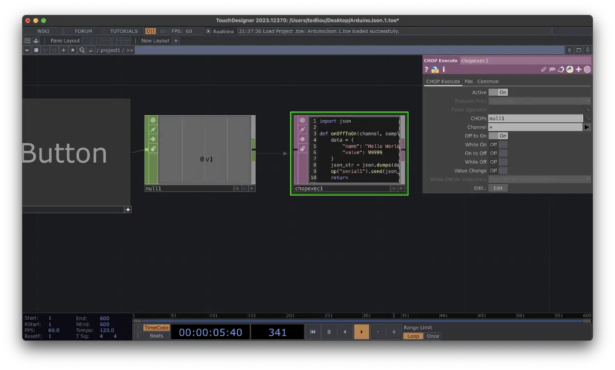 CHOP Execute DAT 監聽 Off to On 事件的參數設定畫面