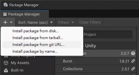 Unity Package Manager 選擇以 Git URL 安裝套件的畫面