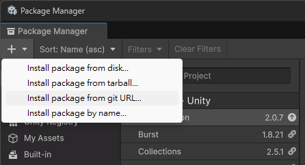 Unity的Package Manager的安裝方式選擇，正選中使用git URL安裝