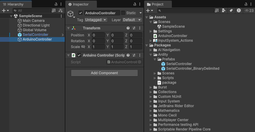 Unity建立ArduinoController空物件和腳本，並把腳本附加在空物間上