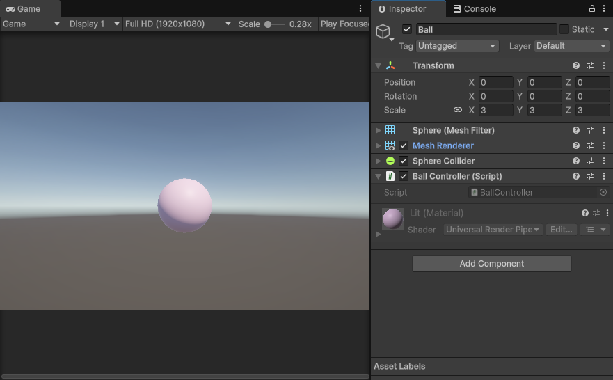 Unity的場景介面，介面中有一個白色球體，並且該物件附加了BallController腳本