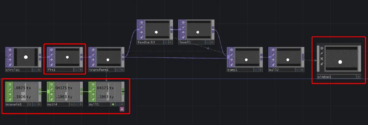 TouchDesigner Circle 跟隨滑鼠移動並留下隨時間淡化的殘影總覽
