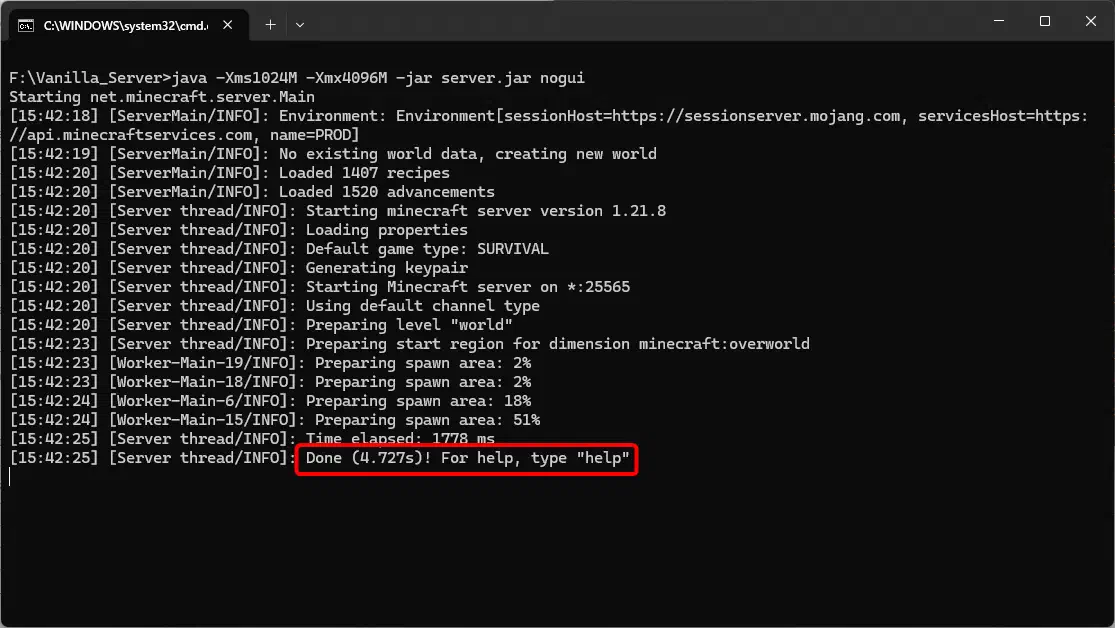 Minecraft Java 原版伺服器成功啟動後,在命令列顯示 Done 訊息