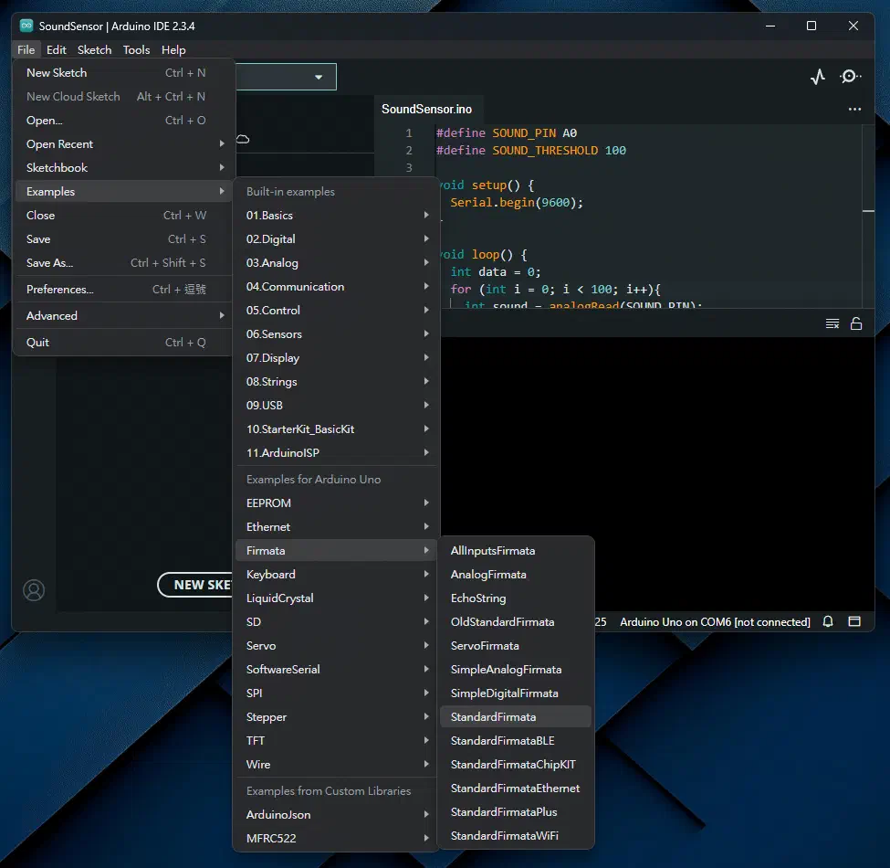 Arduino IDE 中的 StandardFirmata 內建範例位置