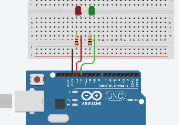 Arduino UNO 接兩顆 LED 的電路示意圖