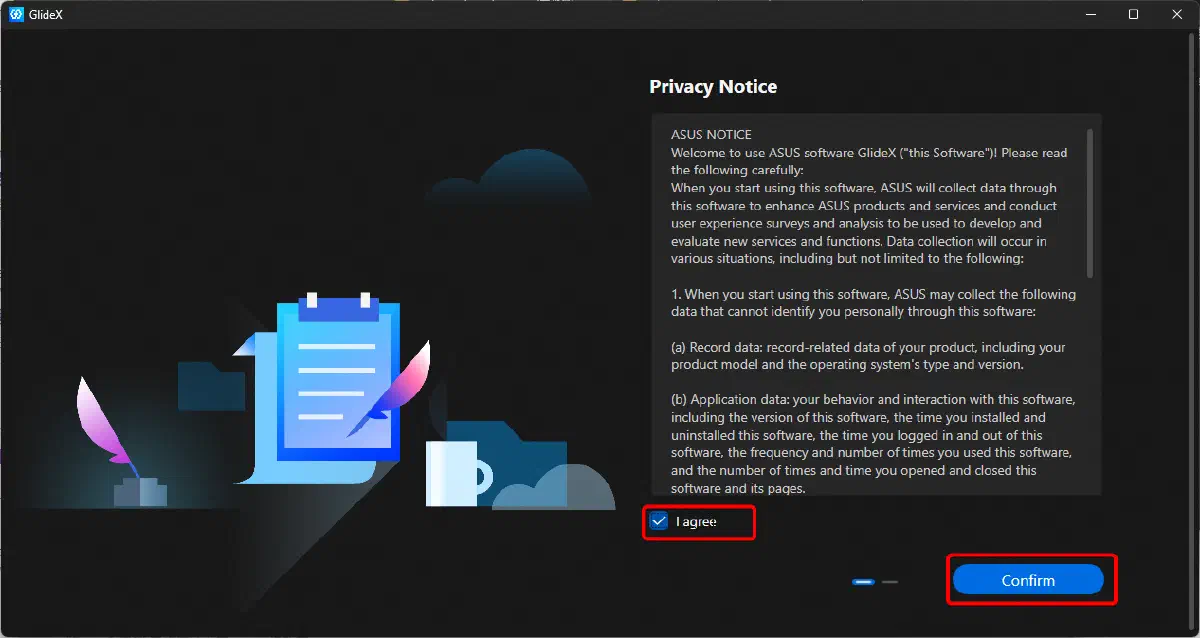 Windows 版 GlideX 的資料蒐集聲明同意畫面