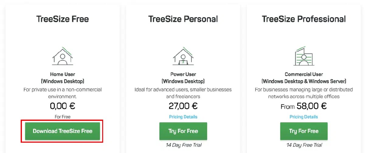 TreeSize Free 下載頁面中的免費下載按鈕