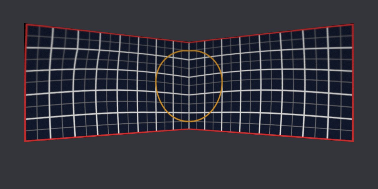kantanMapper 四角對齊後的模擬畫面,紅色外框貼齊兩片布面的邊緣,橘色圓環在折線兩側接成完整的圓,但布面中間的格線略微彎曲