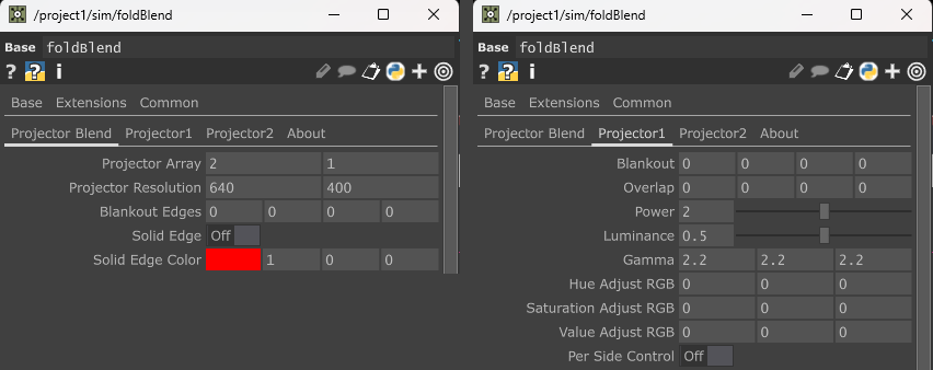 projectorBlend 參數視窗的兩頁,左邊 Projector Blend 頁的 Projector Array 是 2 與 1、Projector Resolution 是 640 與 400,右邊 Projector1 頁的 Overlap 四個欄位都是 0
