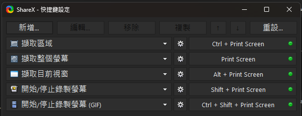 ShareX 快捷鍵設定視窗，擷取區域、擷取整個螢幕、擷取目前視窗與錄影的快捷鍵，右側都是綠燈