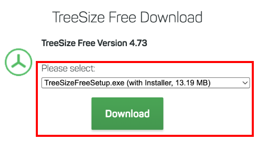 TreeSize Free 下載頁,選單選擇 TreeSizeFreeSetup.exe(with Installer),下方為 Download 按鈕