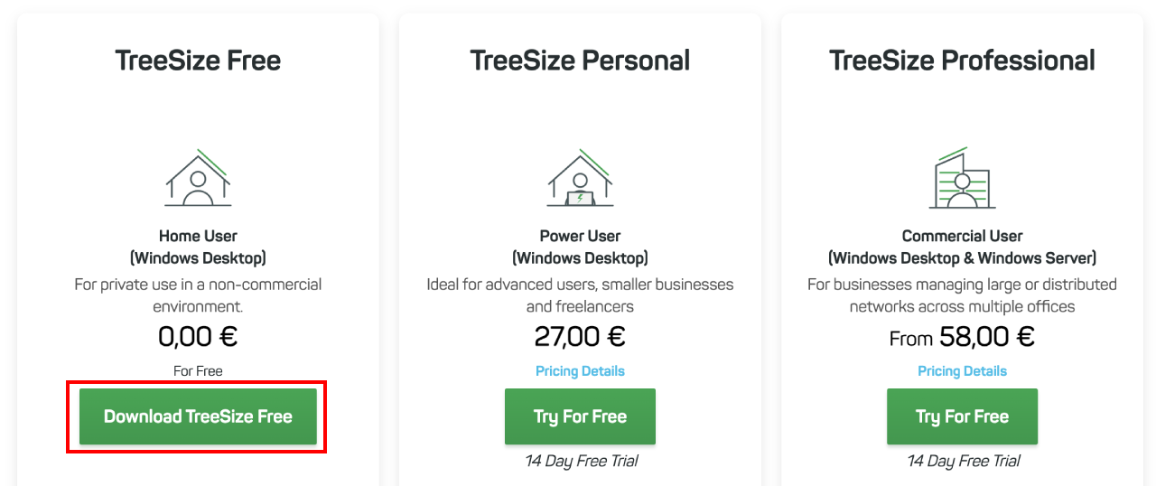 TreeSize 版本比較頁,Free、Personal、Professional 三欄,框出 TreeSize Free 的下載按鈕