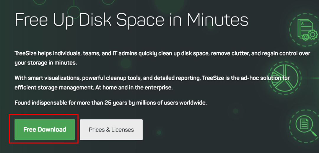 TreeSize 官方網站首頁,框出綠色的「Free Download」按鈕