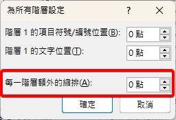 為所有階層設定視窗，編號位置、文字位置與每一階層額外的縮排都是 0 點