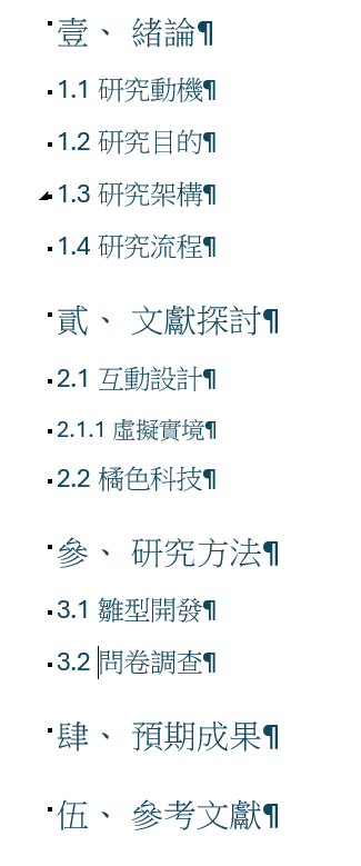 套用自動編號後的標題，壹、緒論底下為 1.1 研究動機，貳、文獻探討底下有 2.1 與 2.1.1，最後是伍、參考文獻