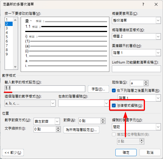 勾選法律樣式編號後，階層 2 的格式變成 1.1